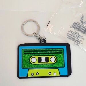 Retro Cassette Tape Key Chain Green Blue Black Glitter Soft Plastic 80s